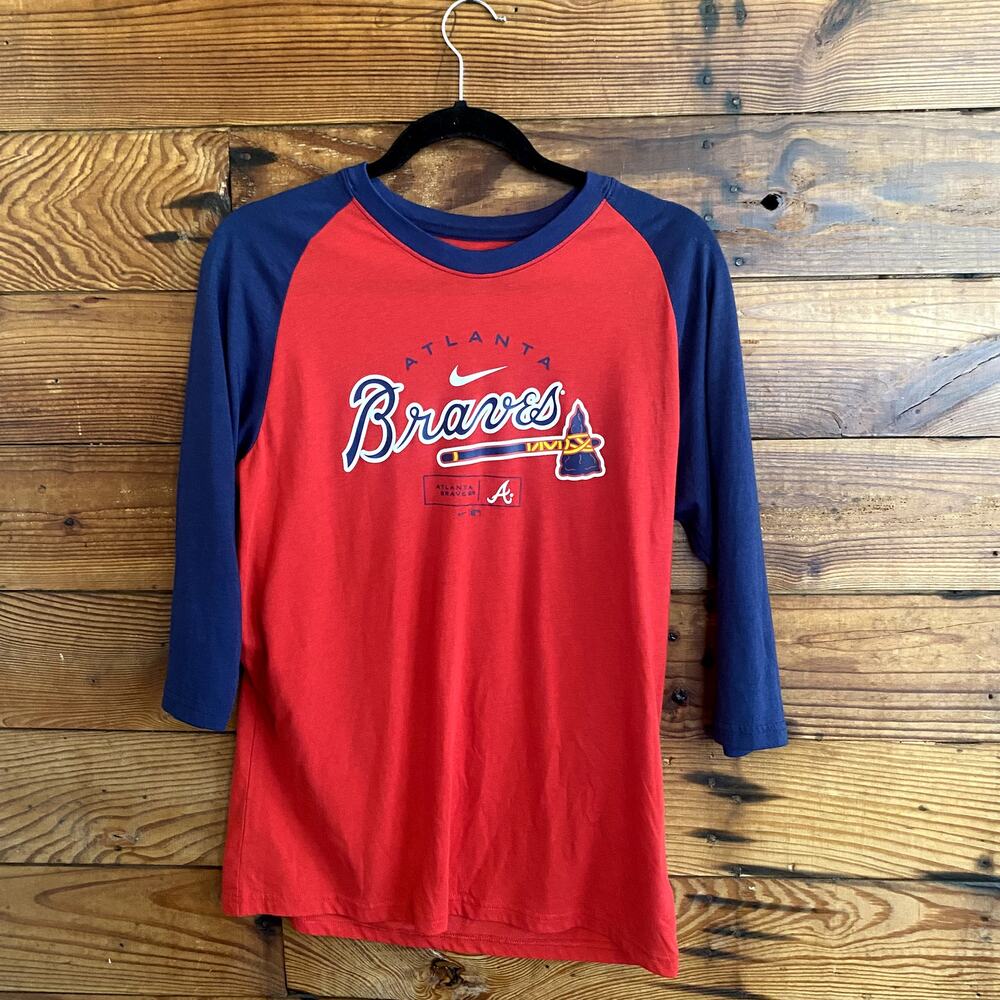 Atlanta Braves Red and Blue Nike Baseball Tee Women's Large